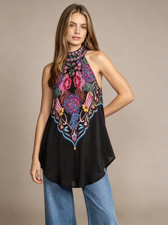 Johnny Was Tops - NWT Johnny Was Jade Women's Devi Silk Blend Halter Floral Blouse Size M